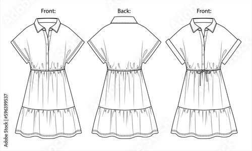 Vector sleeveless mini dress fashion CAD, woman short sleeve shirt dress dress with bow technical drawing, template, flat, sketch. Jersey or woven fabric maxi dress with front, back view, white color