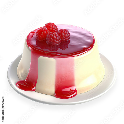 Close up panna cotta and raspberry sauce with white plate on cutout PNG transparent background. Generative AI