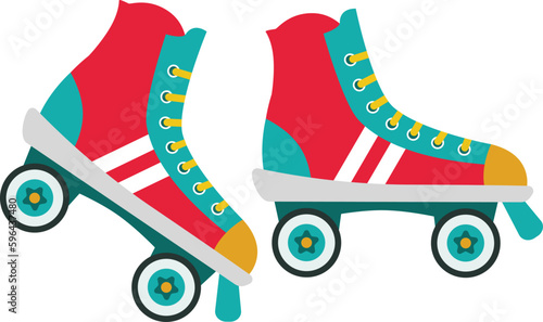 Colorful Roller Skates. Pair of Shoes for Skating retro model in modern style. Rollerblades Flat illustration isolated on white. Red and Blue Skating Shoes with white stripes and yellow laces