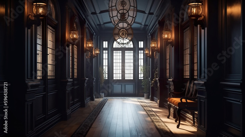 A hallway with a chair and a clock on the wall. AI generative. Dark academia style, victorian style mansion interior design with wooden stairs.