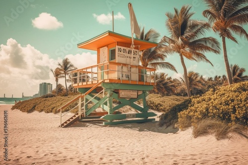 Vintage Miami beach poster, featuring coast, palm trees, lifeguard station, and ocean. Illustration has retro aesthetic. Generative AI