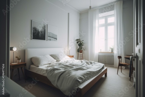 A simple white bedroom with minimum decor. Generative AI
