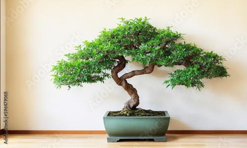 Clean blank sage wall with large Japanese bonsai (Generative AI)