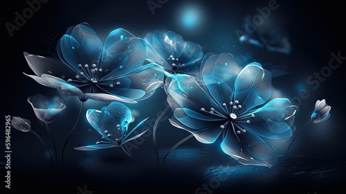 Beautiful blue flowers on a gray background. Generative AI