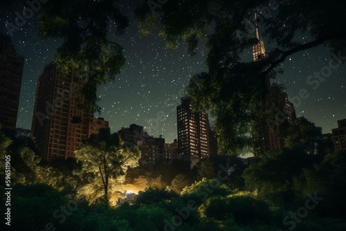 Desolate cityscape in 2045 with majestic trees, twinkling fireflies, and abundant flora. Generative AI