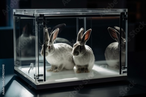 Rabbits immobilized in an acrylic box. Generative AI