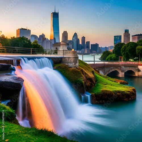 City and waterfall, landscape hd