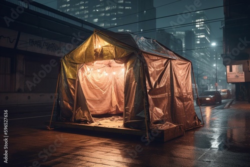 A temporary shelter on an urban road. Generative AI