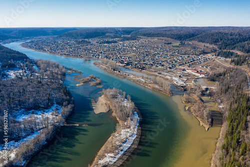 Southern Urals, Krasny Klyuch village. High water on the Ufa River. Aerial view.
