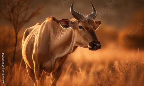 Wild Africa: Photo of eland (genus Taurotragus), majestically standing amidst the vast savannah grasslands of Africa, illuminated by the golden light of the setting sun. Generative AI