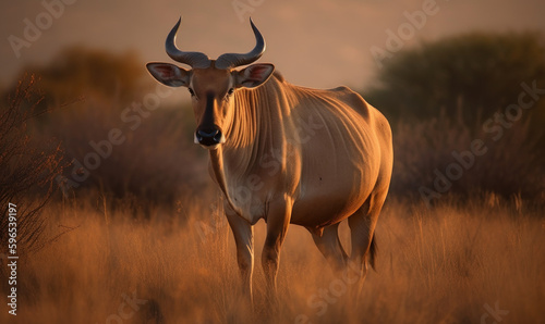 Wild Africa: Photo of eland (genus Taurotragus), majestically standing amidst the vast savannah grasslands of Africa, illuminated by the golden light of the setting sun. Generative AI