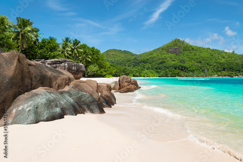 Tropical beach Baie Lazare on Mahé Island, Seychelles.