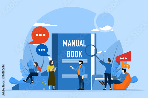User guide concept. people with instruction guides or textbooks. Read guide and write user guide. Instruction manual, handbook help guide. Flat vector illustration.