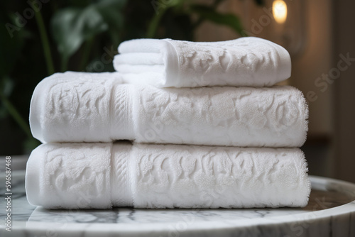 Des serviettes blanches sur du marbre dans la chambre d'un hôtel » IA générative