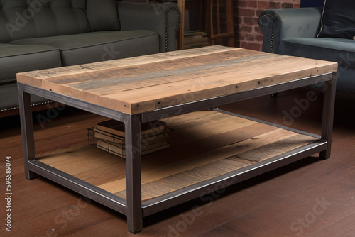 Table basse style industriel avec bois brut dans un salon » IA générative