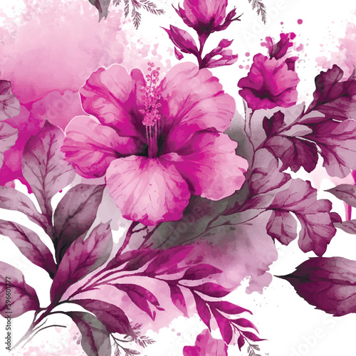 Painted hand drawn watercolor pink violet color hibiscus flowers seamless pattern background illustration with blossom flowers, leaves. Dirty spotted modern aquarelle backdrop. Endless ornate texture