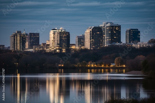 Downtown Rosslyn-Arlington skyline at dusk on the Potomac River in Virginia, USA. Generative AI