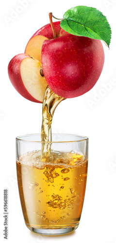 Glass of apple juice and juice pouring from red apple isolated on white background.