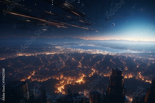 A stunning sci-fi illustration of a space horizon with city lights, perfect for a fantasy anime backdrop. Generative AI