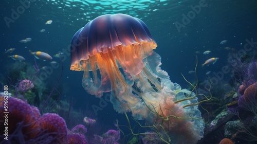 A jellyfish swimming in the ocean with its head turned to the side. Generative ai