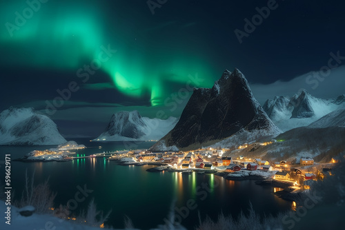 ilustración de un paisaje con pueblo nevado entre montañas en noruega por la noche con la aurora boreal.ai generative
