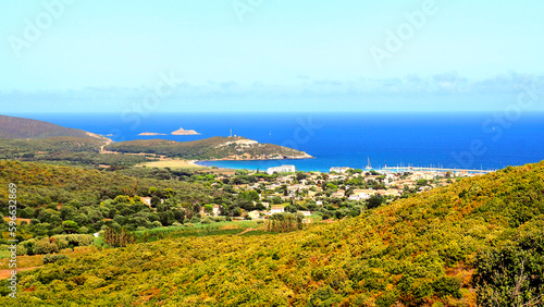 panoramic view of the bay of macinaggio sheltering the marina and the beach of Rogliano near Cap Corse, in Corsica nicknamed the island of beauty