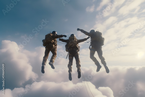 Military parachutist paratroopers jumping out of an air force airplane. Neural network AI generated art