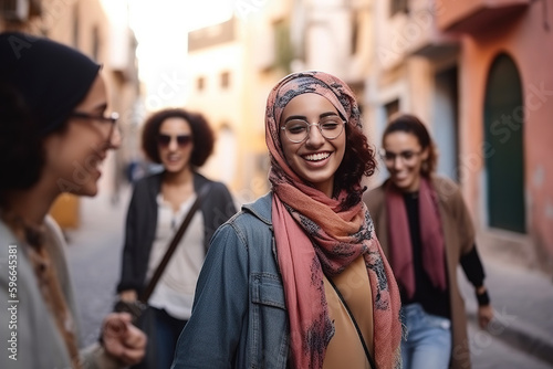 Not real Persons. Young adult arab woman with headscarf hijab strolling in a narrow side street with friends, fictional place. Generative AI