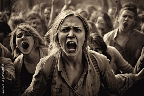 A woman screams in the crowd, her expression conveying intense emotion and urgency. Generative AI