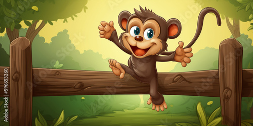 Cute Cartoon Style Monkey Jumping Over A Wooden Fence Generative Ai Digital Illustration Part#260423