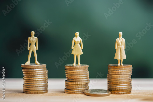 Female and male standing on different stacks of coins. Gender pay equality, inequality pay gap and salary discrimination concepts. Different salary, income or career growth opportunity. Generative AI.