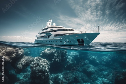 Luxury yacht sailing over blue sea with underwater view. Generative AI