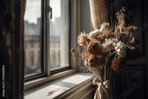 A dried flower bouquet placed on the windowsill. Generative AI