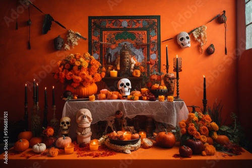 Colorful traditional Day of the Dead altar with vibrant orange background and skull decorations. Generative AI