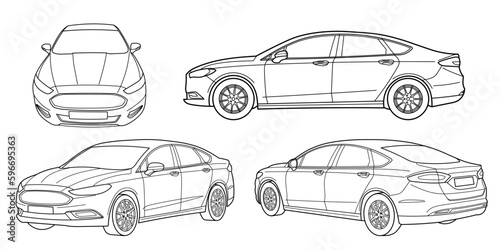 Set of classic sedan car. Different five view shot - front, rear, side and 3d. Outline doodle vector illustration 