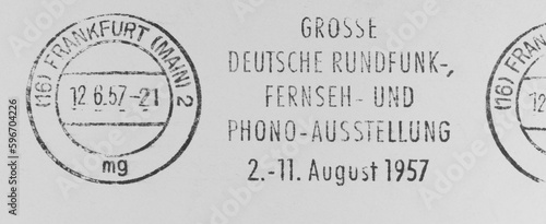 stamp briefmarke vintage retro alt old slogan werbung papier paper stempel frankfurt main 1957 grosse deutsche rundfunk fernseh phono ausstellung august gebraucht used post letter mail message