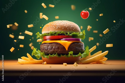 Maxi hamburger 500g meat with fries in motion for advertising. Generative AI illustration