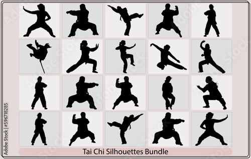 silhouettes of people practicing Tai Chi,Martial Art Kung Fu Tai Chi Self Defense Exercise Fight Master People Man,Tai Chi Chuan man silhouette vector