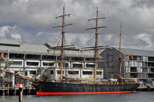 Iron-hulled, three-masted barque ship on display outside the Australian National Maritime Museum. Sydney-Australia-616