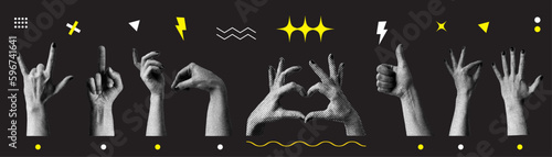 Set of hands. Isolated dark background. Collage elements for messages using hands. Vintage illustration with dotted pop art