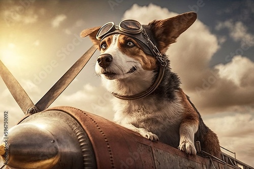 pilot dog taking off in vintage plane, with its nose pointed toward the sky, created with generative ai