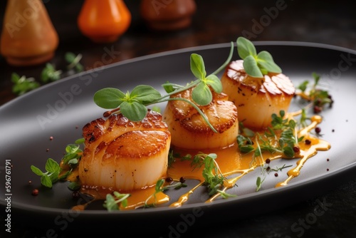 beautiful plate of sous-vide seared scallops with herbs and spices, created with generative ai