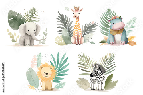 Safari Animal set lion, hippo, elephant, giraffe, zebra and palm leaf in 3d style. Isolated. Generative AI