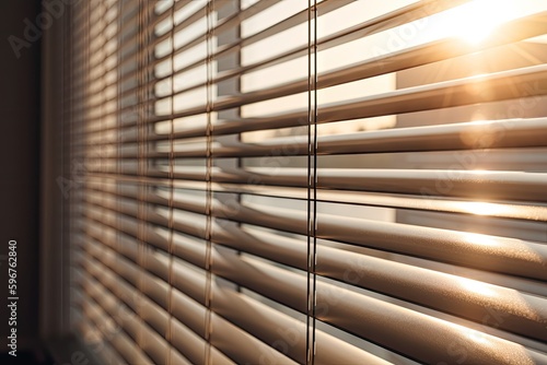 close-up of automated blinds in motion, with the sun shining through, created with generative ai