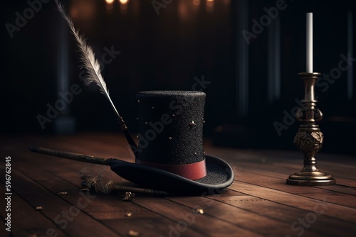 3D illustration of a stage prop - a top hat and magic wand. Generative AI