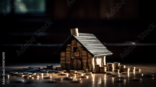 A metallic model house on a table made from gold and silver coins against a dark background. A.I. generated. 
