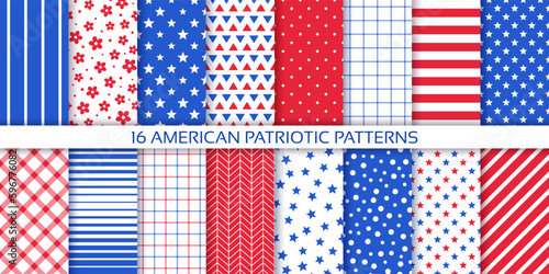 American seamless patterns. 4th July patriotic backgrounds. America independence day prints with stars, stripes and check. Collection geometric textures. Blue red modern wallpaper. Vector illustration
