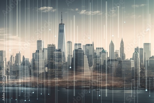 Double exposure of financial charts over New York skyline, representing international business and consulting. Generative AI