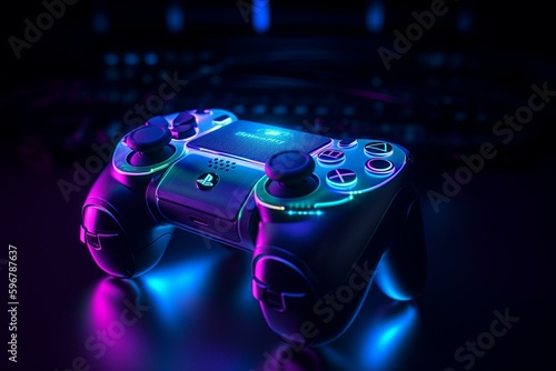 A neon game controller design with a glowing effect set against a space background. Generative AI