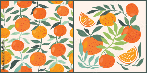 Summer set with oranges including Seamless pattern, summer background wallpaper with ripe fruits, and trendy modern poster, vector illustration 